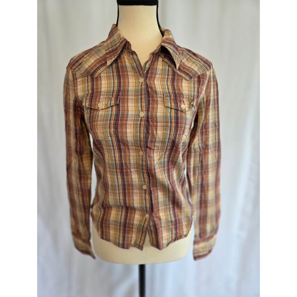 Delia Western Plaid Button Down Shirt Women Size M Long Sleeve Cotton